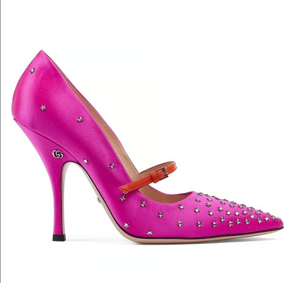Gucci Jodie Embellished Pink and  Orange Satin Stilettos